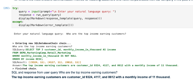 A Python code snippet and its output. The code demonstrates querying a database using the LangChain library to find out who the top income earning customers are. The result is also summarized in English, stating that the top income-earning customers have a monthly income of 11 thousand.