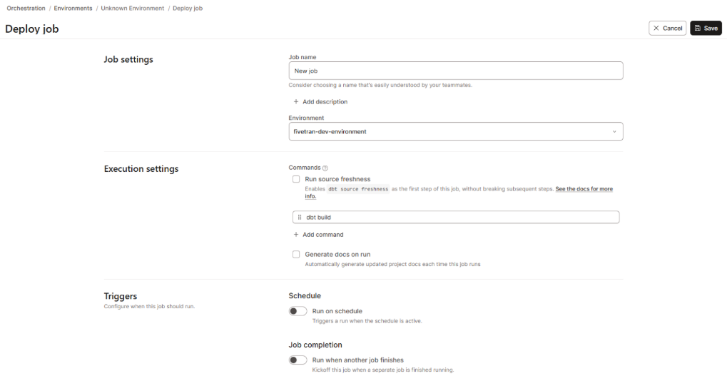 Configuring deployment job in dbt Cloud