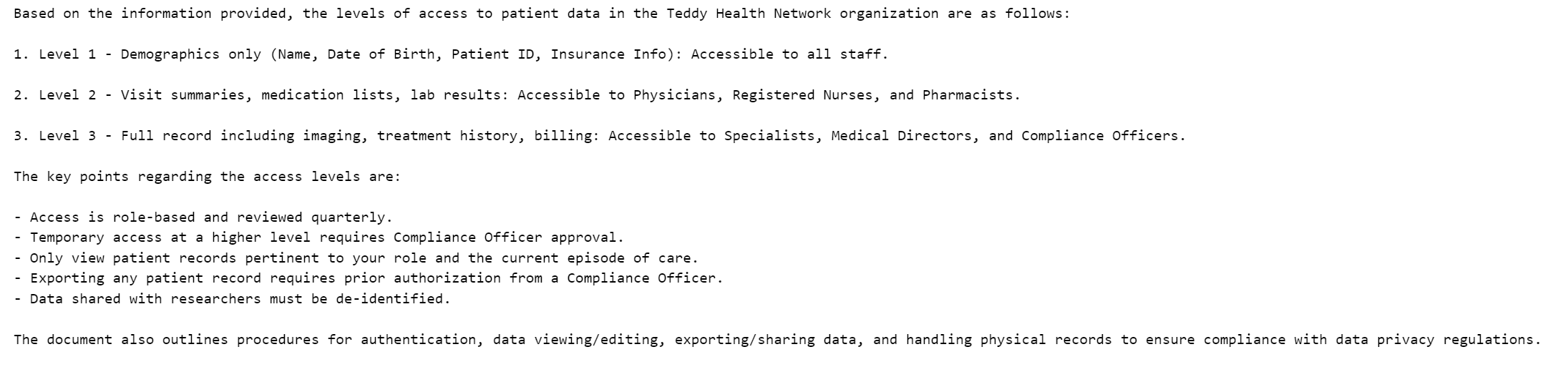 Screenshot showing a formatted text output summarizing access levels to patient data at Teddy Health Network