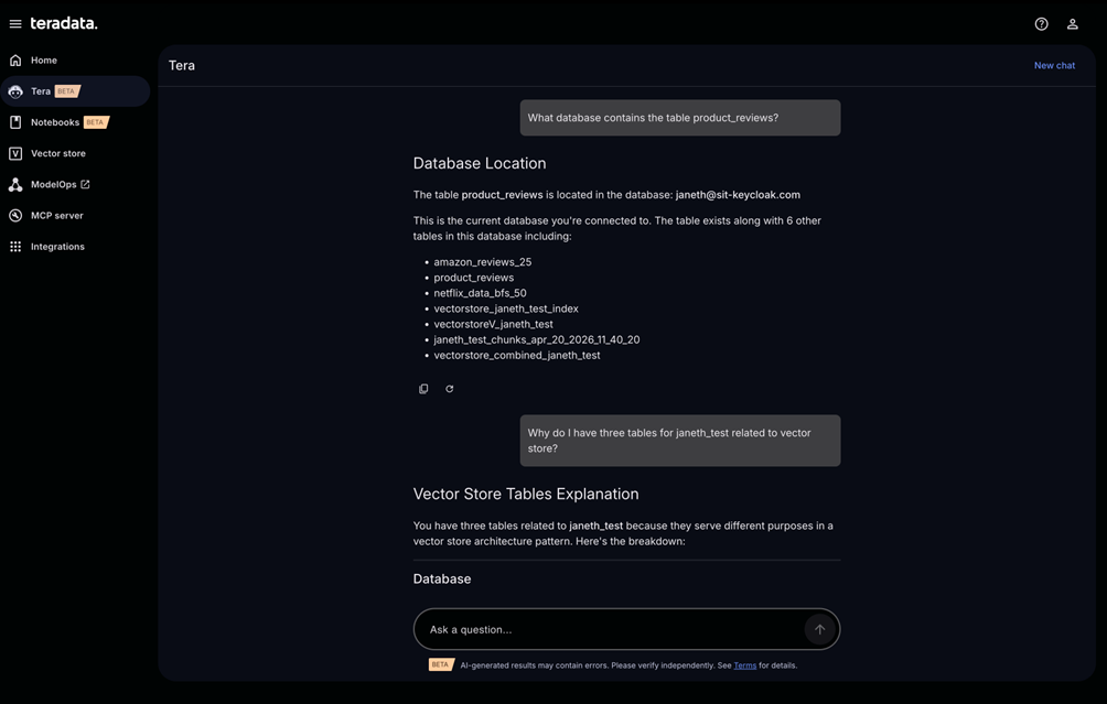 Teradata AI Studio interface showing Tera answering a question about database location and explaining vector store tables, including product_reviews table and related datasets