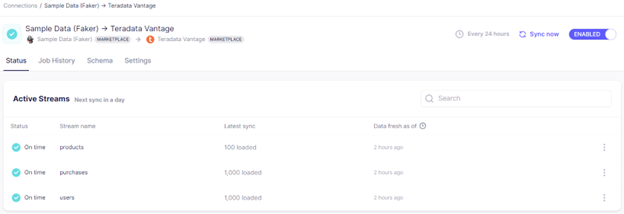 screenshot of Airbyte showing the table names that are loaded to Teradata Vantage