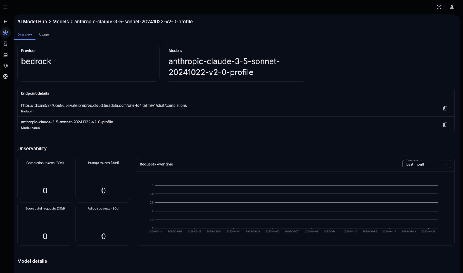 ModelHub model card details showing model name and endpoint for calling the model from notebooks or agents