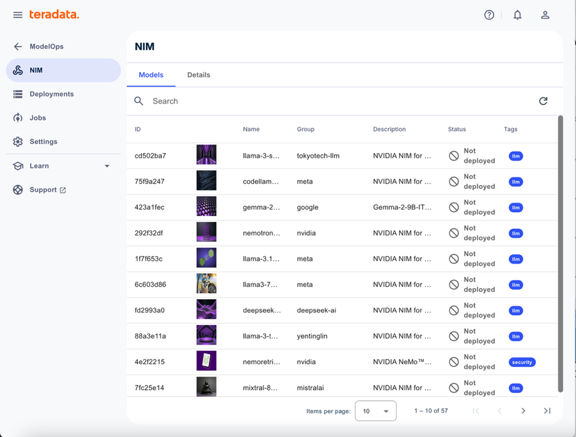 A list of AI Foundation models with deployment status, descriptions, and tags in Teradata ModelOps.