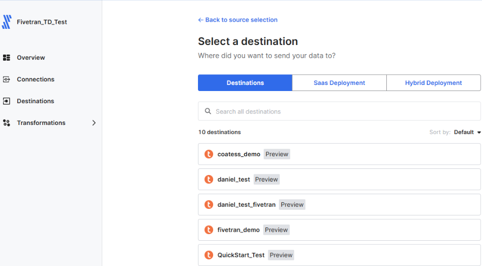Selecting a destination in Fivetran