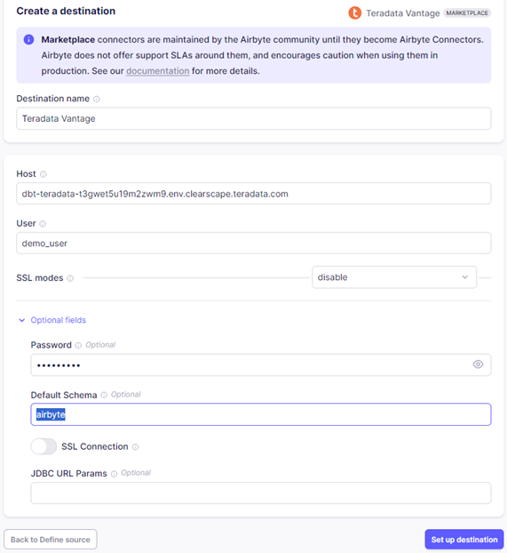 A screenshot of the Airbyte new destination connection with Teradata Vantage