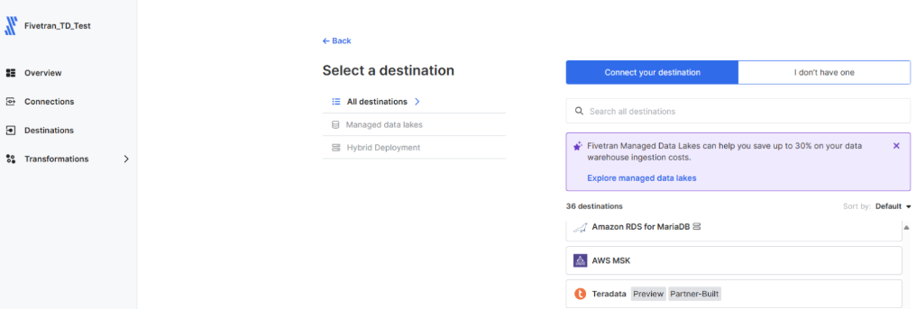 Creating a destination in Fivetran