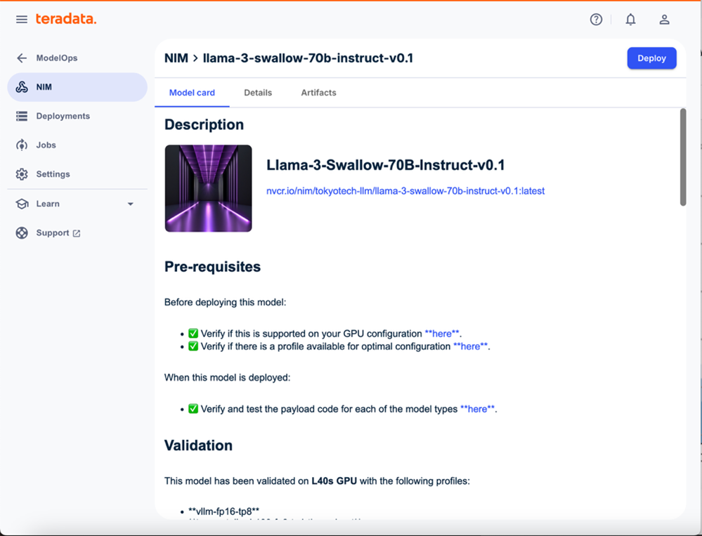 Model card showing Llama-3-Swallow-70B in Teradata AI Workbench