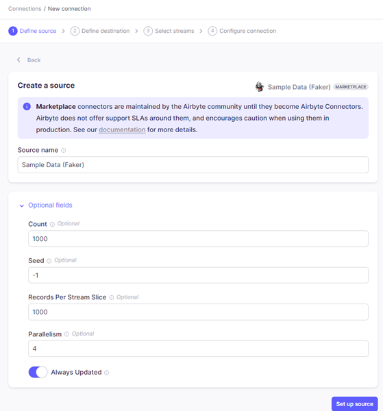 screenshot of Airbyte new source connection with Sample Data (Faker)