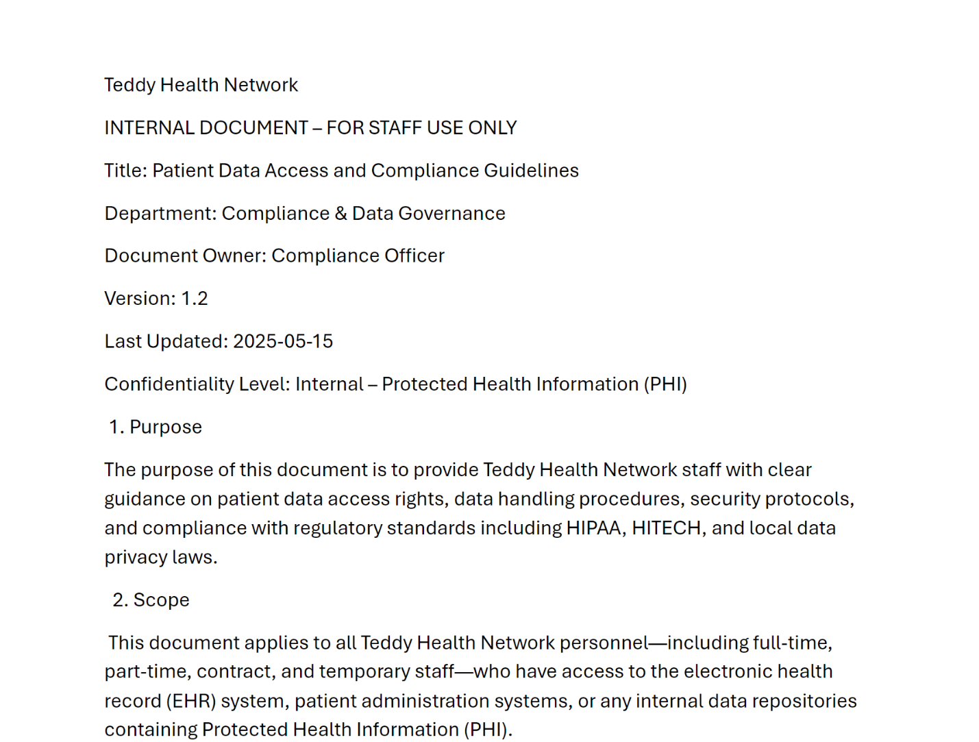 Screenshot of the first page of the Patient Data Access and Compliance Guidelines document from Teddy Health Network