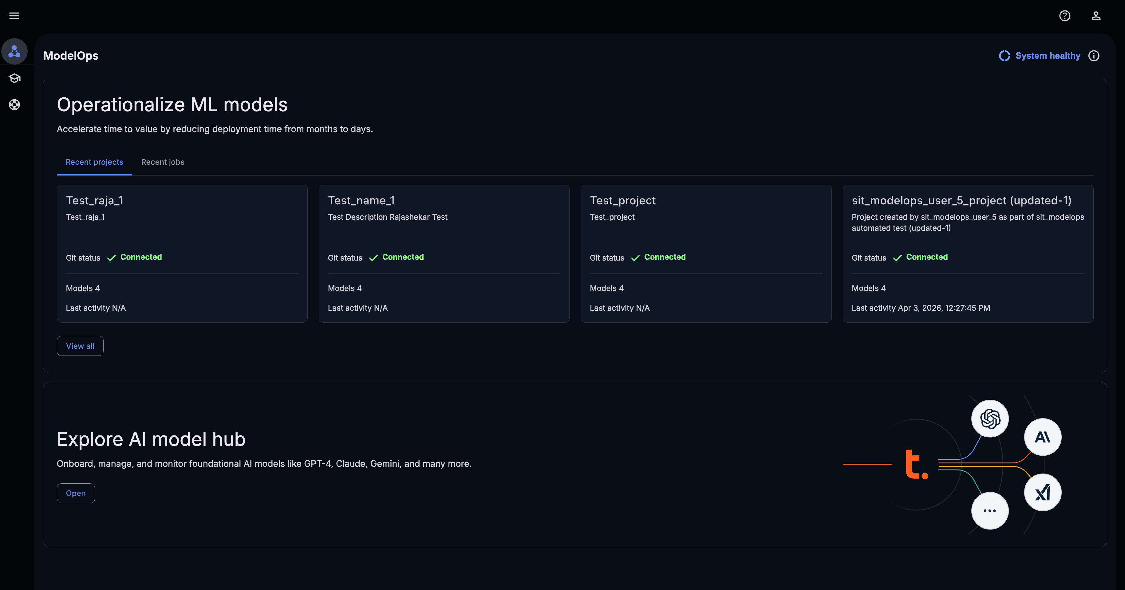 Teradata ModelOps interface showing operationalized machine learning models, recent project status, deployment results, and access to AI Model Hub for managing and scaling AI models