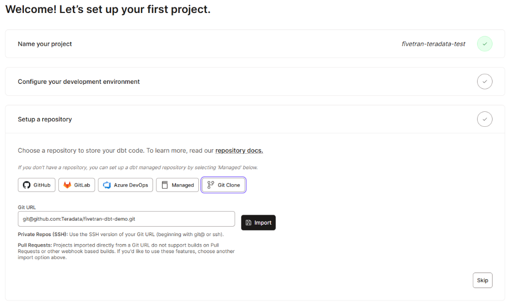 Setting up repository in dbt Cloud